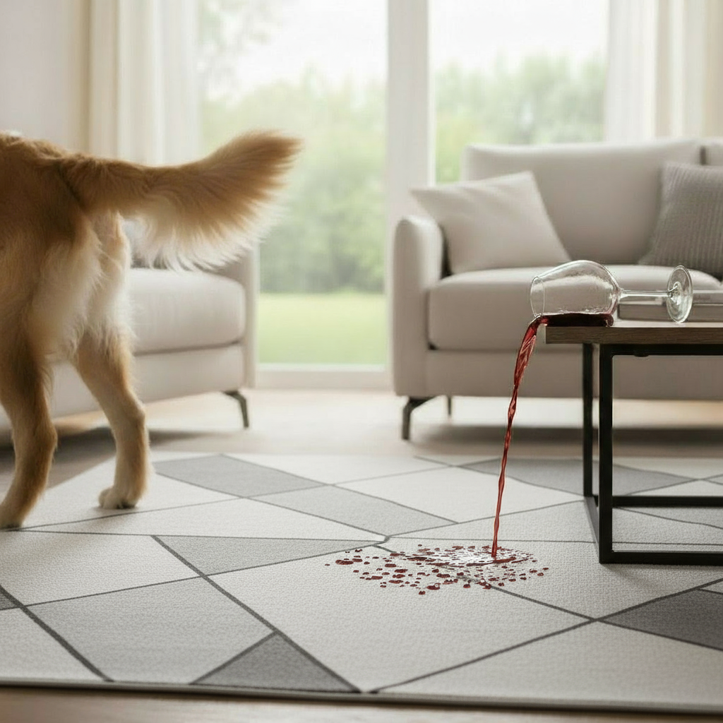 Machine-washable pet-friendly area rug under Oasis sofa