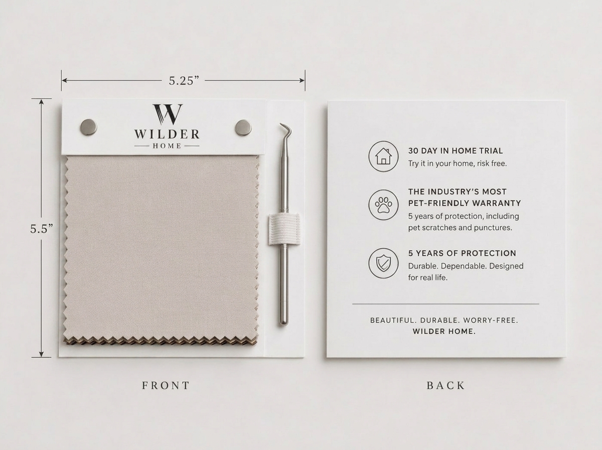 The Wilder Home swatch kit — a fabric swatch in every colour plus an included scratch-test tool